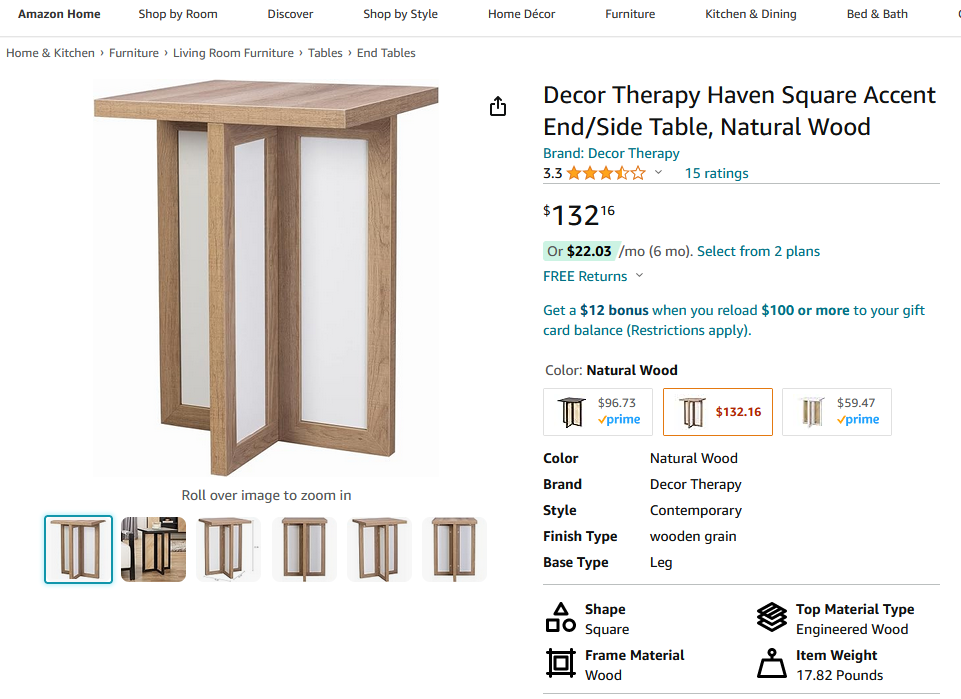 Decor Therapy Haven Square Natural Wood Accent End Table