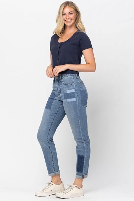 Judy Blue High Waist Awesome Patch Double Cuffed Boyfriend Jeans 88499