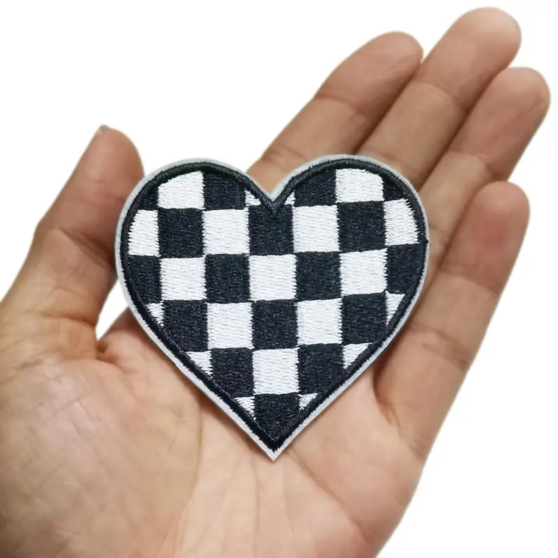 Black & White Checkered Heart Embroidered Patch For Trucker Hats & More
