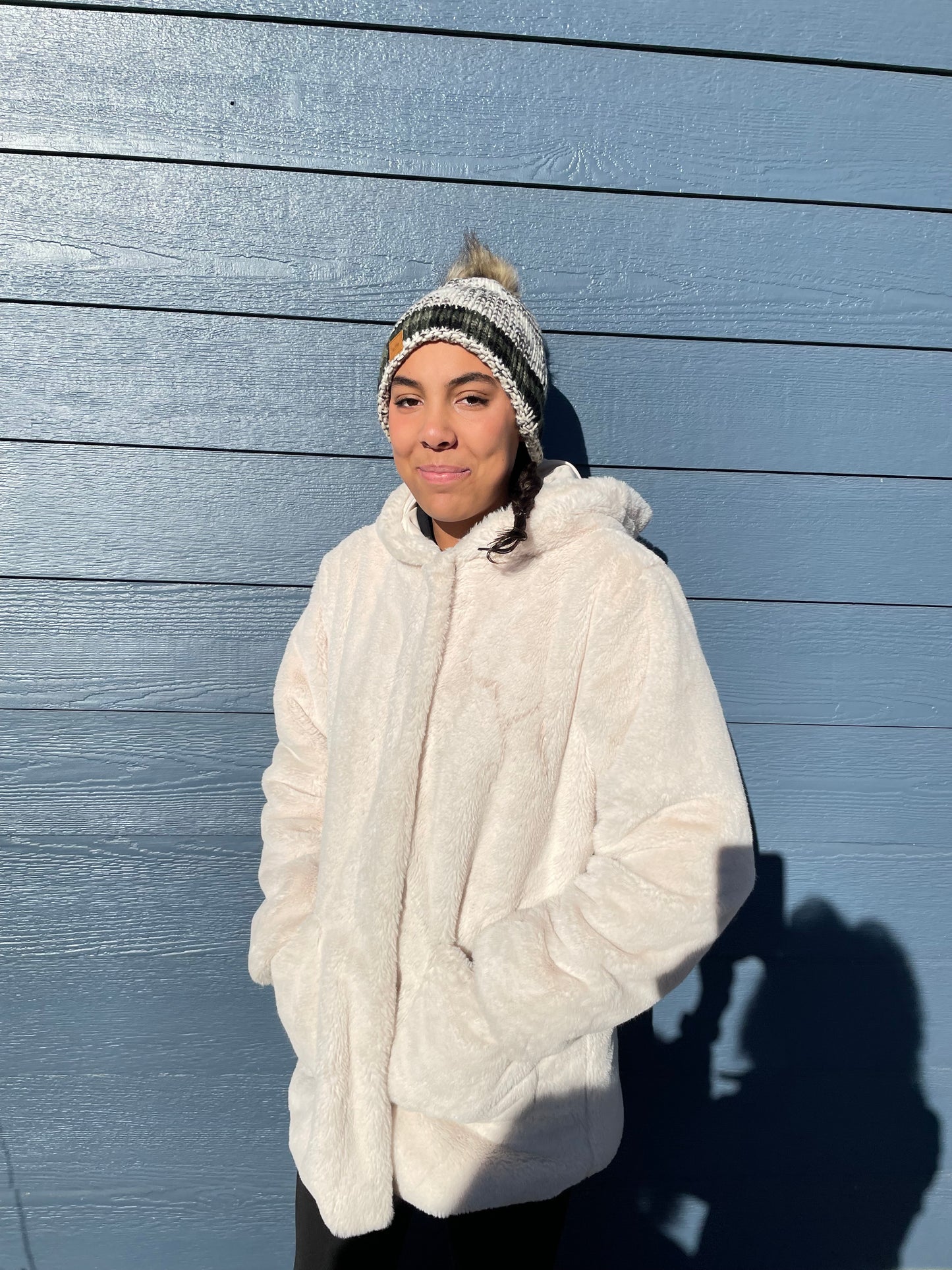 Cozy Fleece Lined Beanie with Faux Fur Pom and Plaid Trim