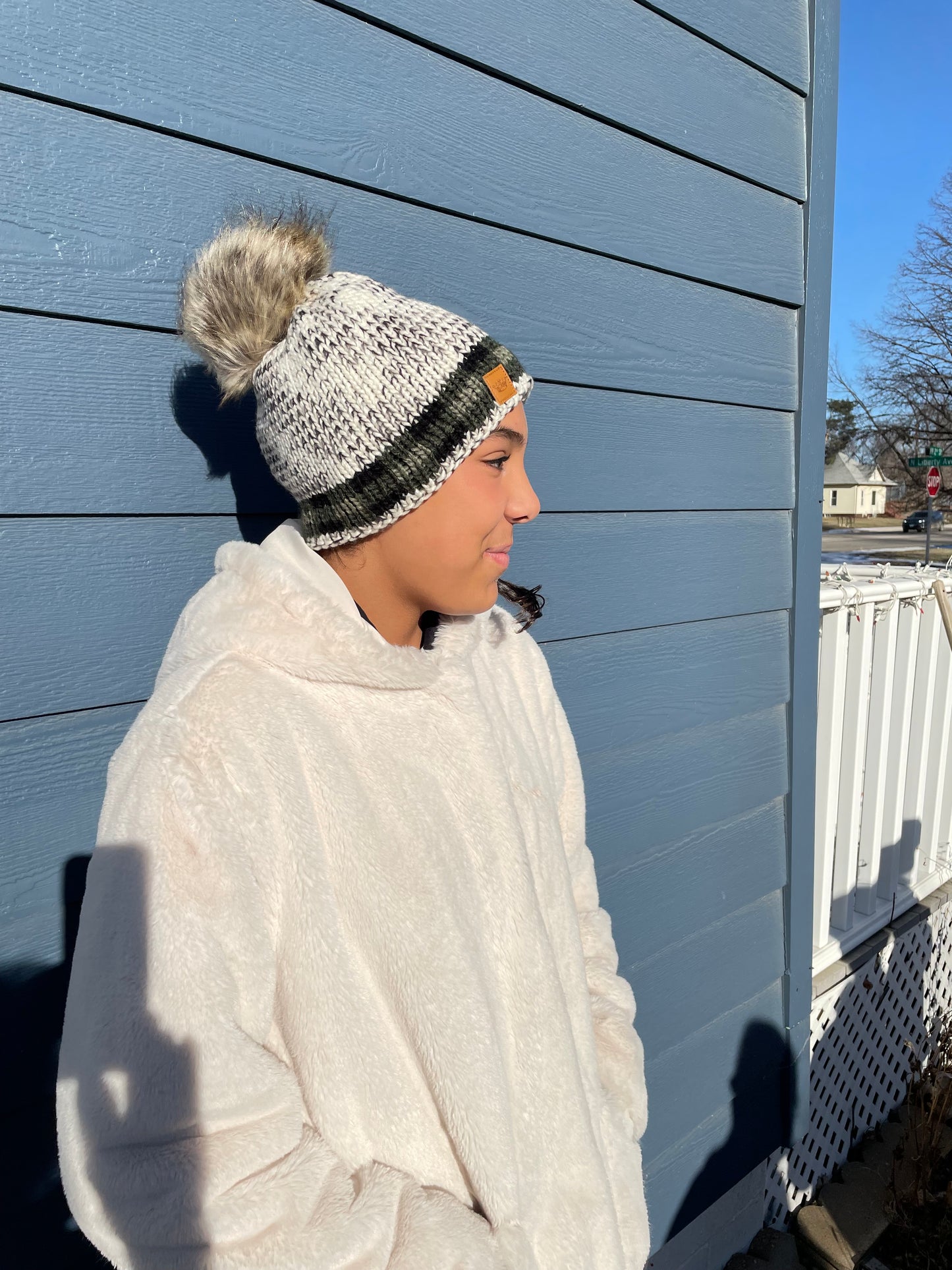 Cozy Fleece Lined Beanie with Faux Fur Pom and Plaid Trim