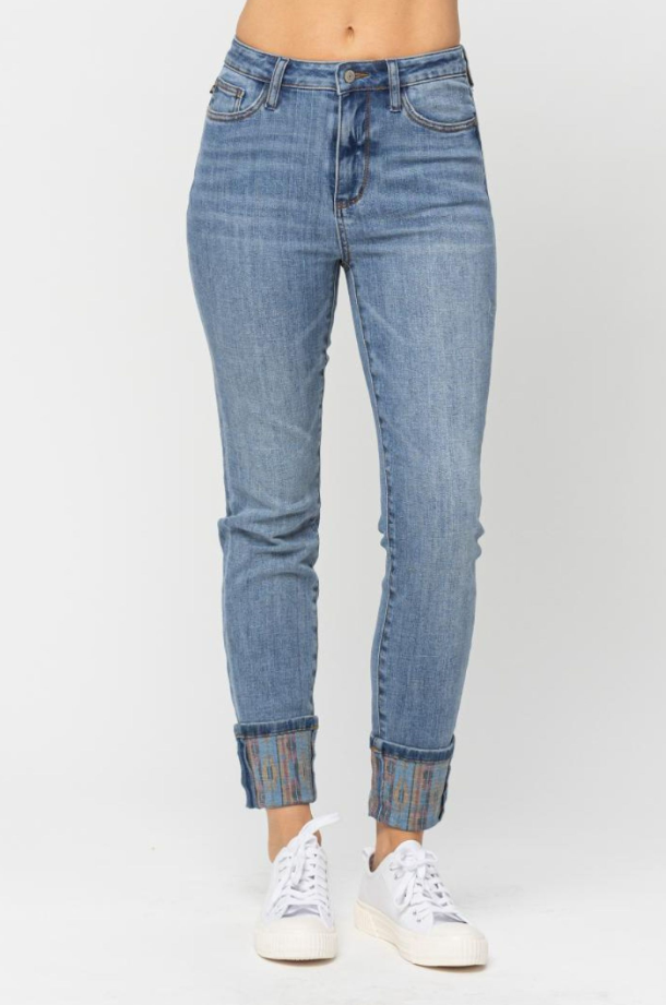 Judy Blue High Waist South Western Print Cuffed Relaxed Fit Jeans 88523
