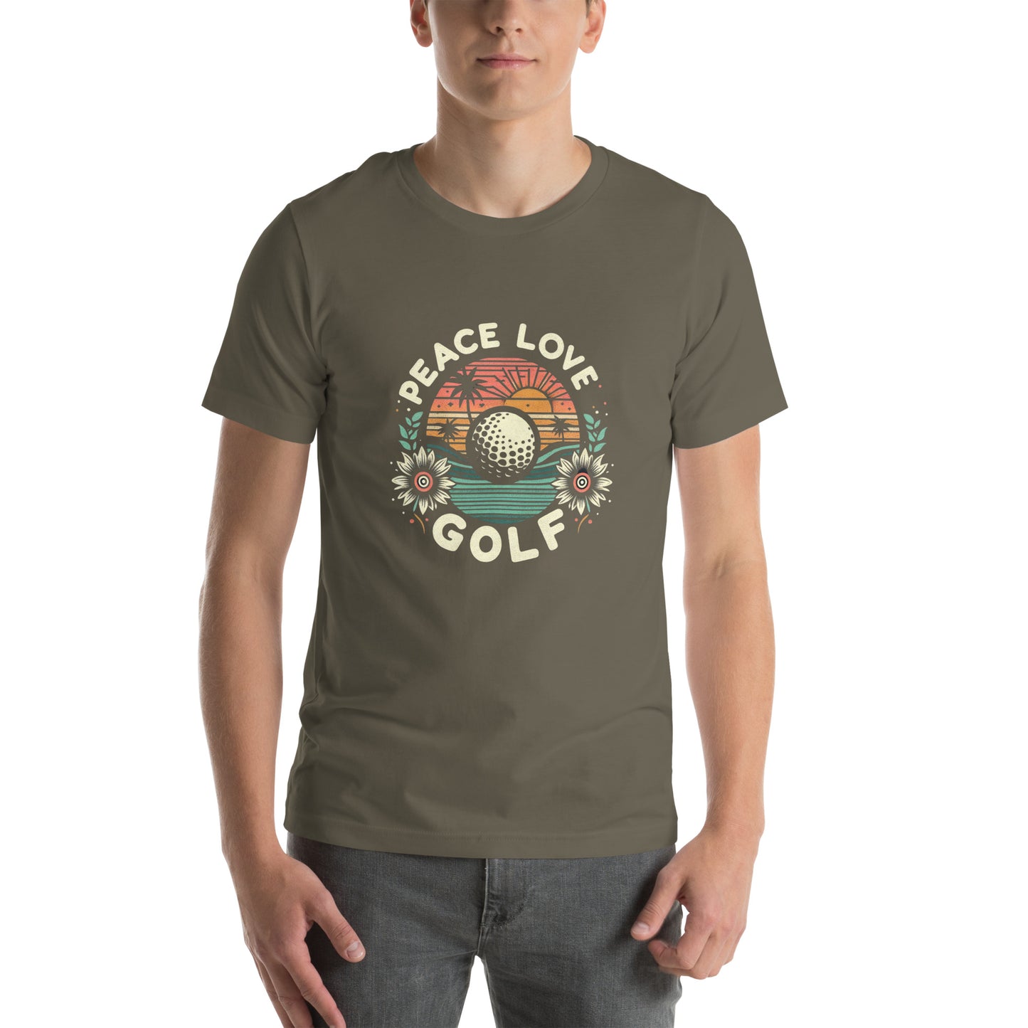 Peace Love Golf Printed T-Shirt: Peace Love Golf Unisex Short Sleeve Tee