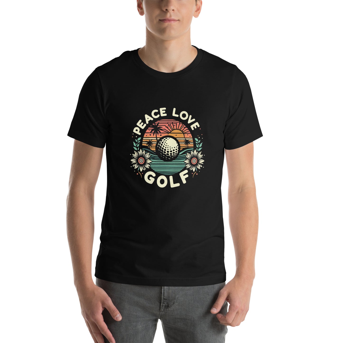Peace Love Golf Printed T-Shirt: Peace Love Golf Unisex Short Sleeve Tee
