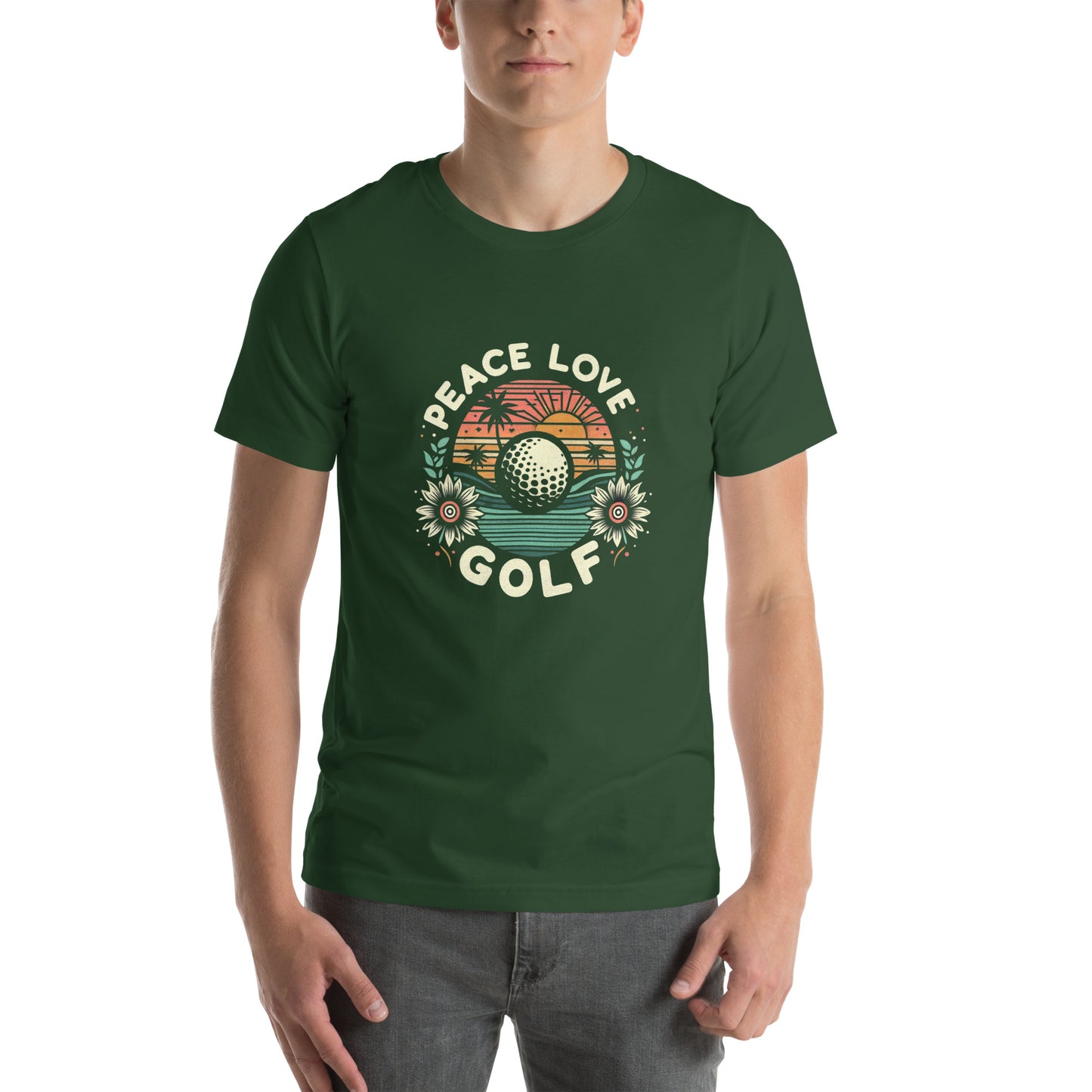 Peace Love Golf Printed T-Shirt: Peace Love Golf Unisex Short Sleeve Tee