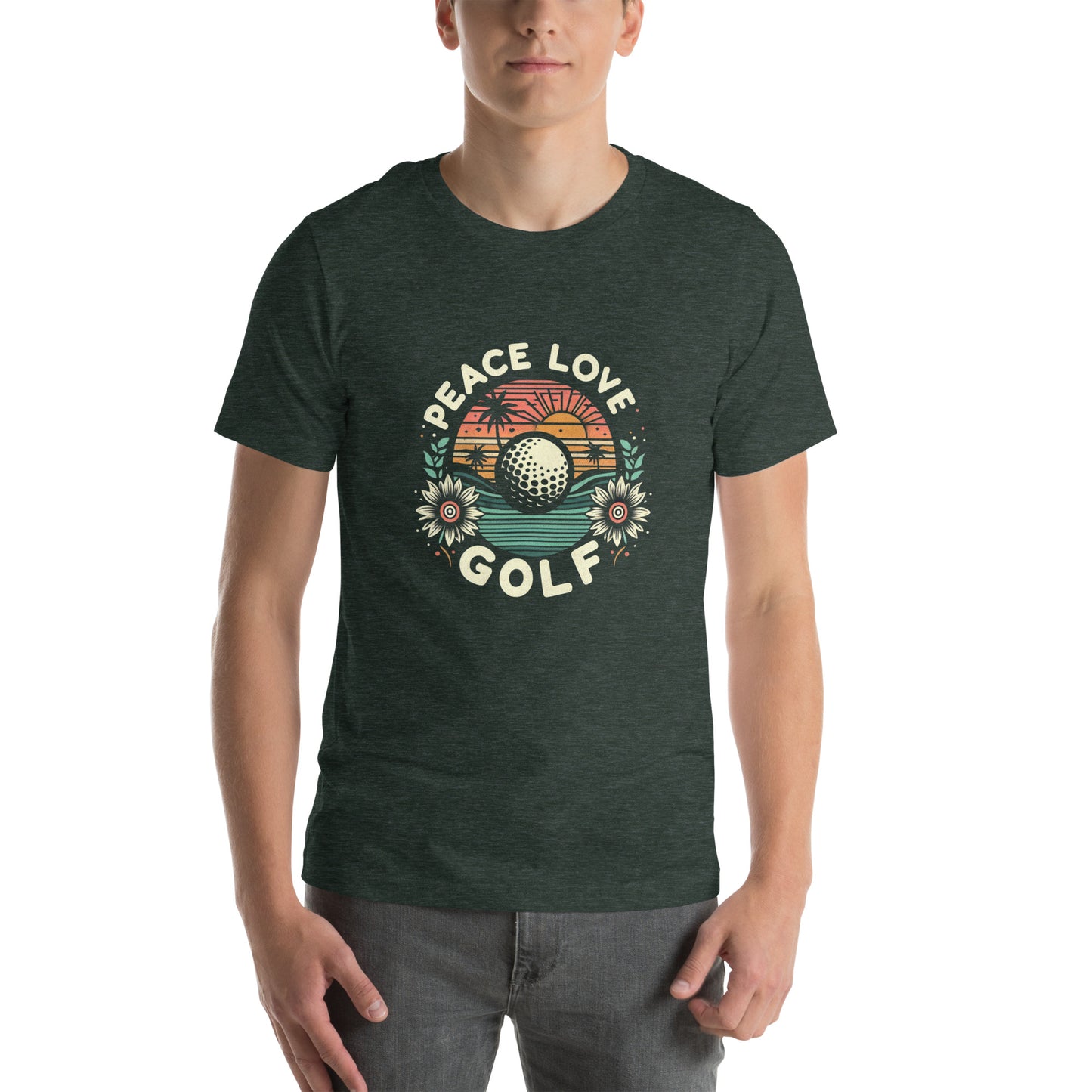 Peace Love Golf Printed T-Shirt: Peace Love Golf Unisex Short Sleeve Tee