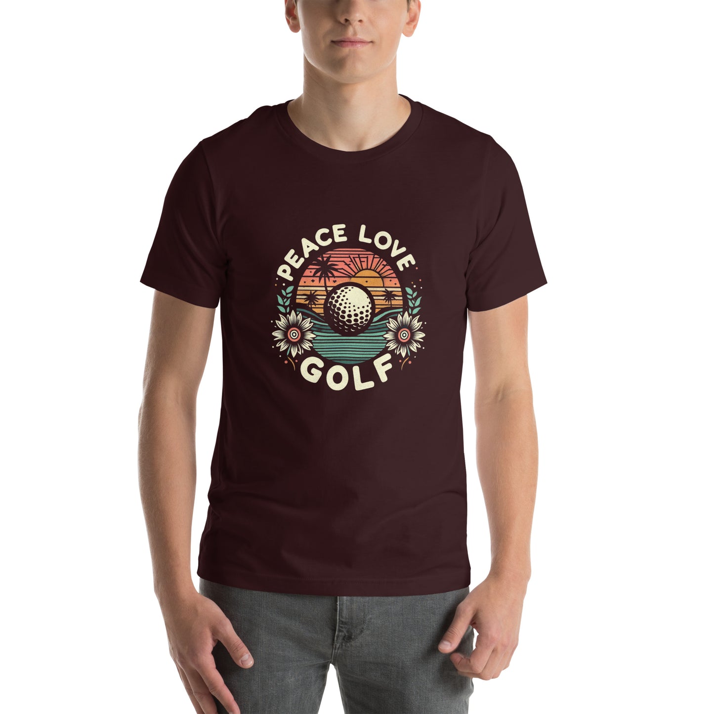 Peace Love Golf Printed T-Shirt: Peace Love Golf Unisex Short Sleeve Tee