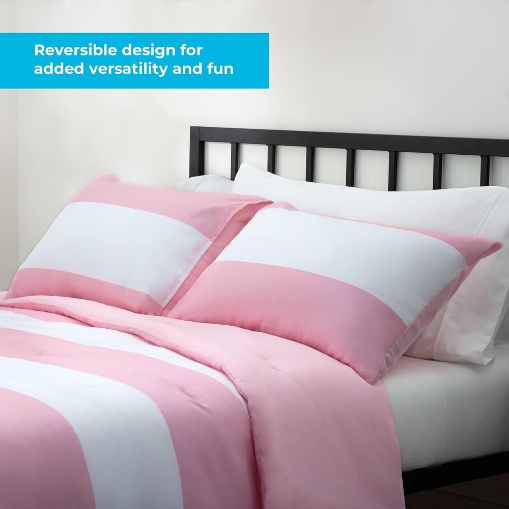 Linenspa All-Season Reversible Down Alternative Oversized Queen Comforter – Pink Rugby Stripes