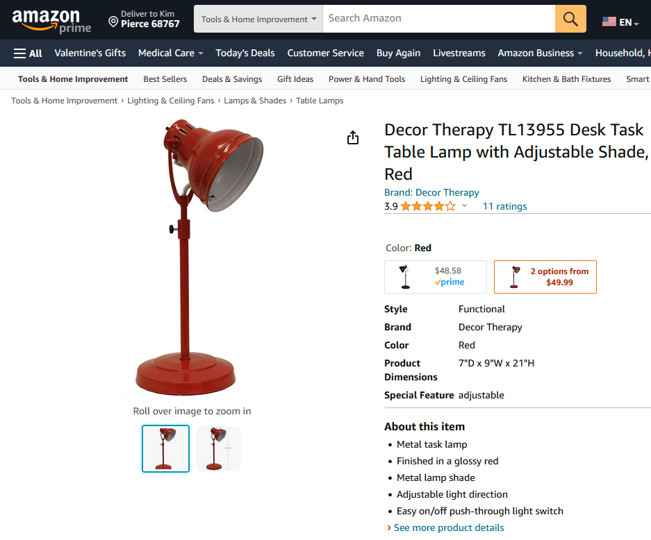 Decor Therapy Red Table Lamp