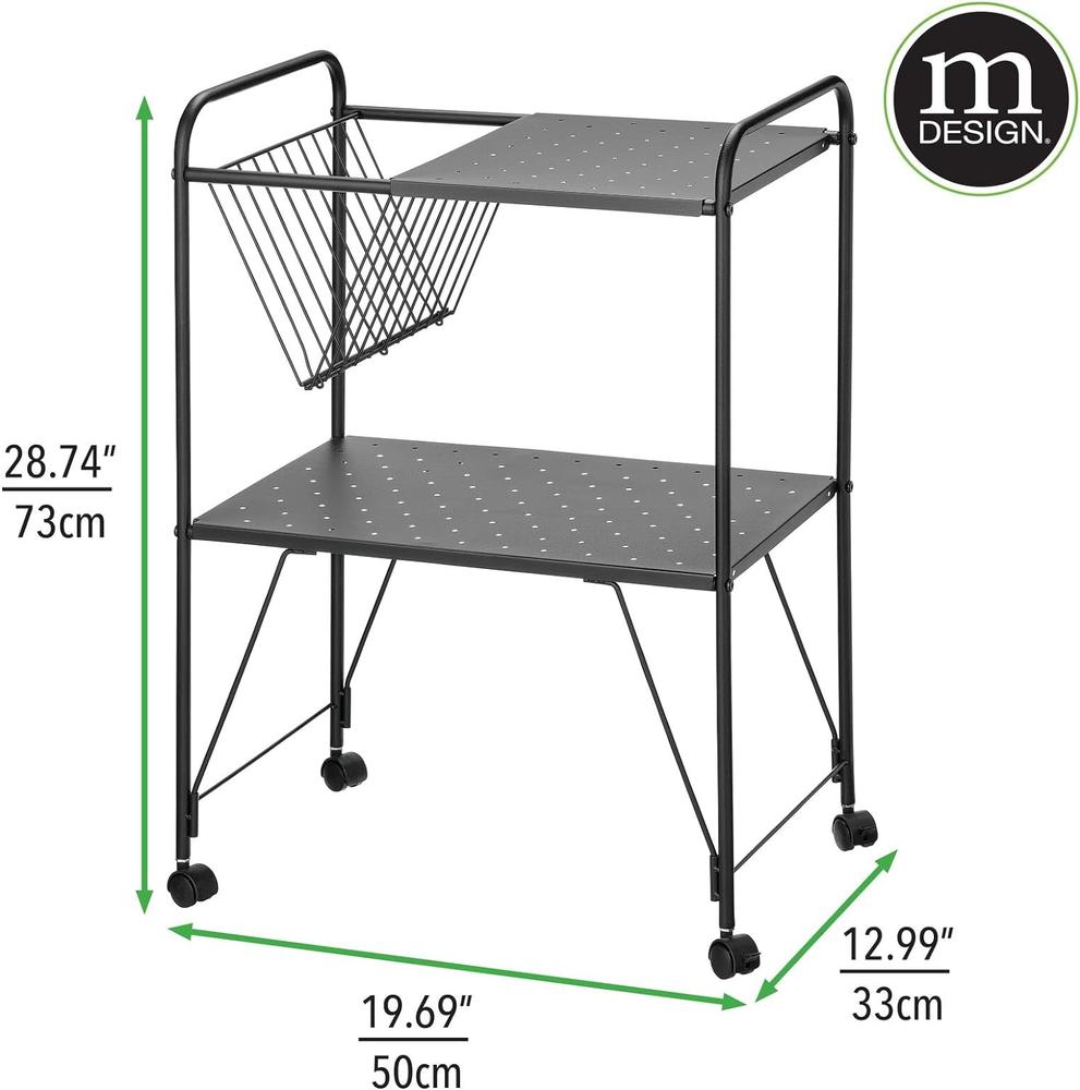 mDesign Steel 2-Tier Rolling Utility Cart with Wire Storage Basket - Matte Black