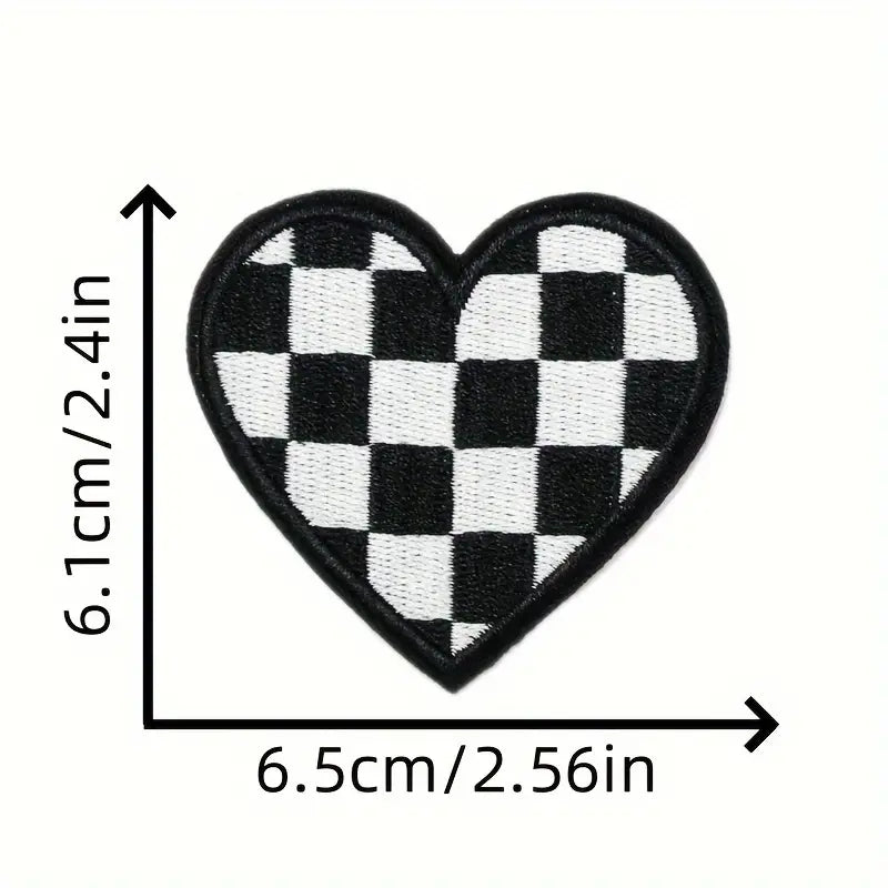 Black & White Checkered Heart Embroidered Patch For Trucker Hats & More