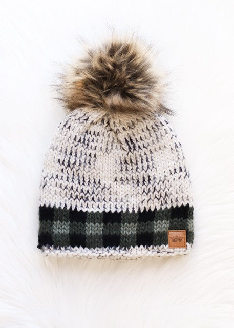 Cozy Fleece Lined Beanie with Faux Fur Pom and Plaid Trim