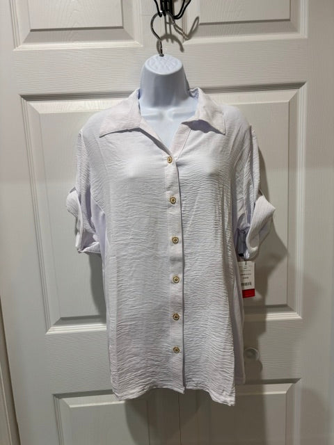 Ashley Blue Plus Size Textured Button-Down Blouse with Rolled Sleeves – 1X-3X