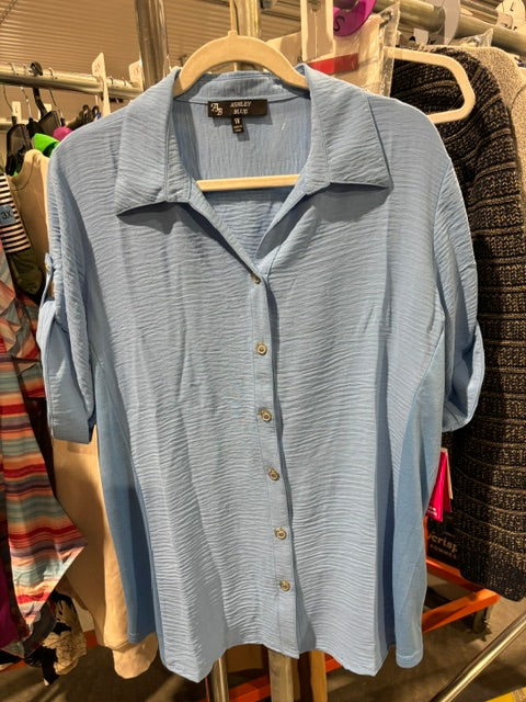 Ashley Blue Plus Size Textured Button-Down Blouse with Rolled Sleeves – 1X-3X