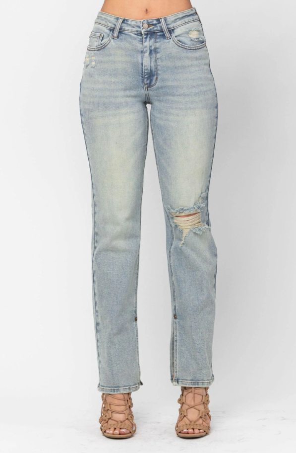 Judy Blue 88511 High Waist Destroyed Straight Jeans With Side Slit