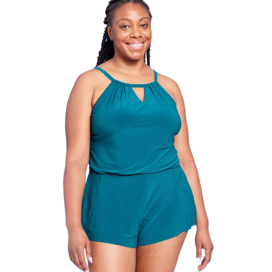 Women's UPF 50 High Neck Swim Romper with Pockets One Piece Swimsuit - Size 17