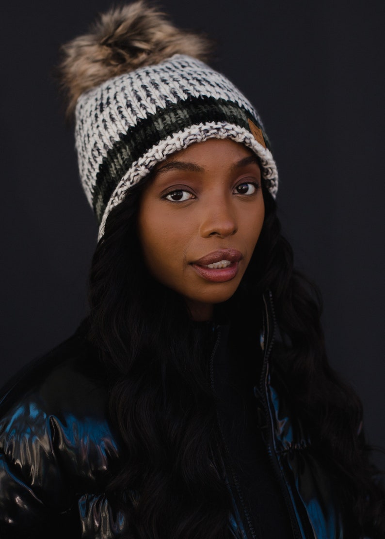 Cozy Fleece Lined Beanie with Faux Fur Pom and Plaid Trim