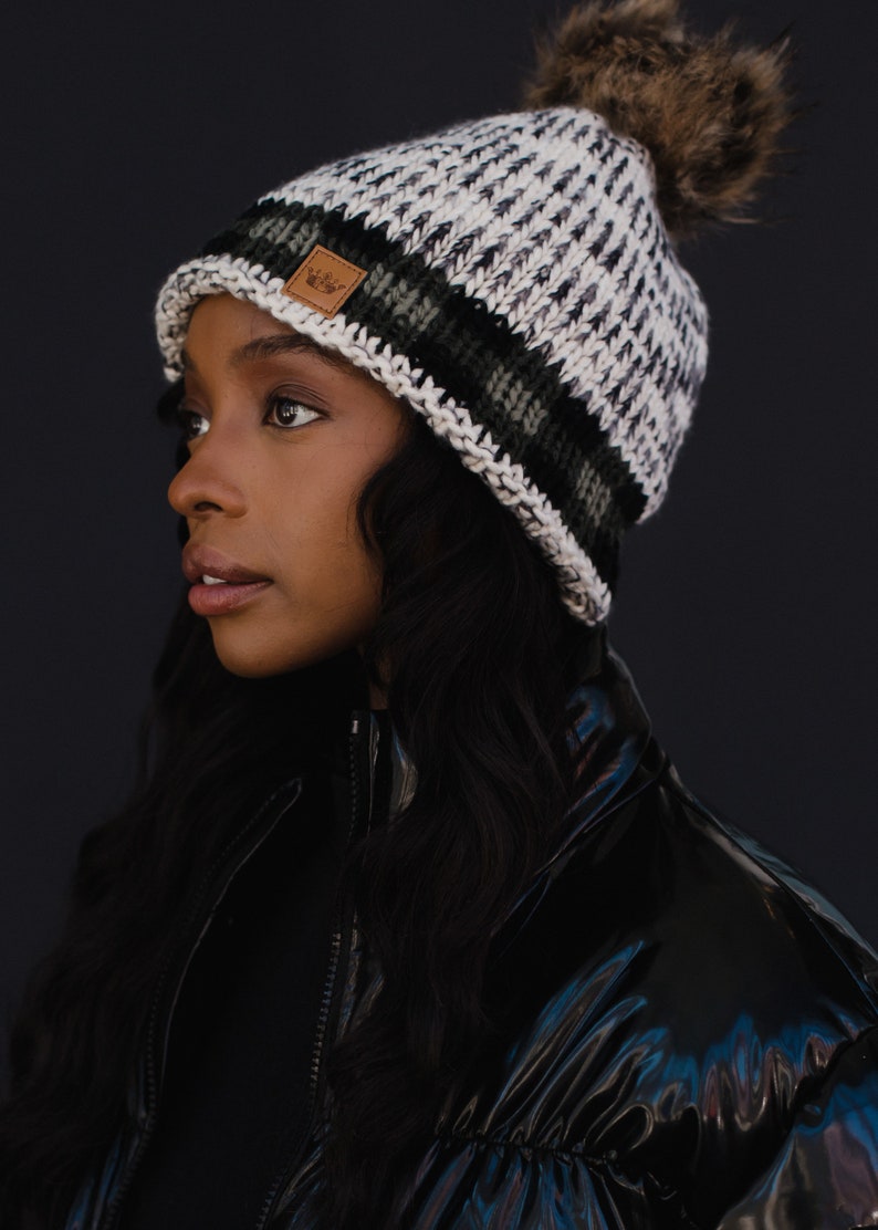 Cozy Fleece Lined Beanie with Faux Fur Pom and Plaid Trim