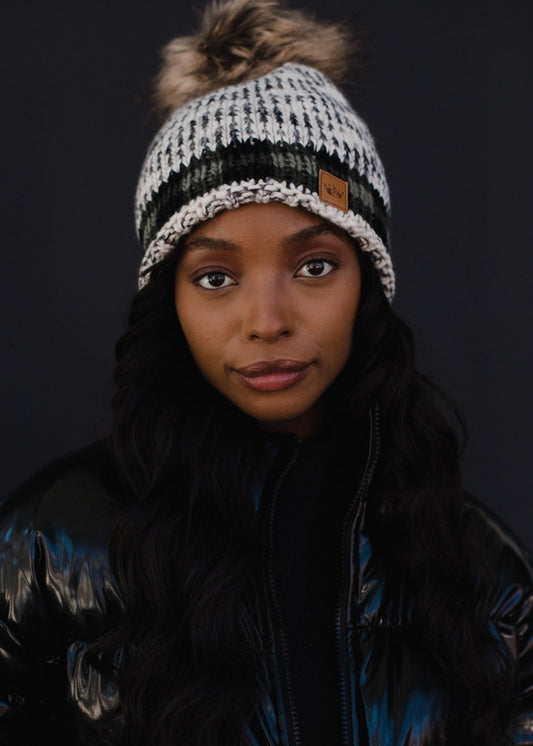 Cozy Fleece Lined Beanie with Faux Fur Pom and Plaid Trim