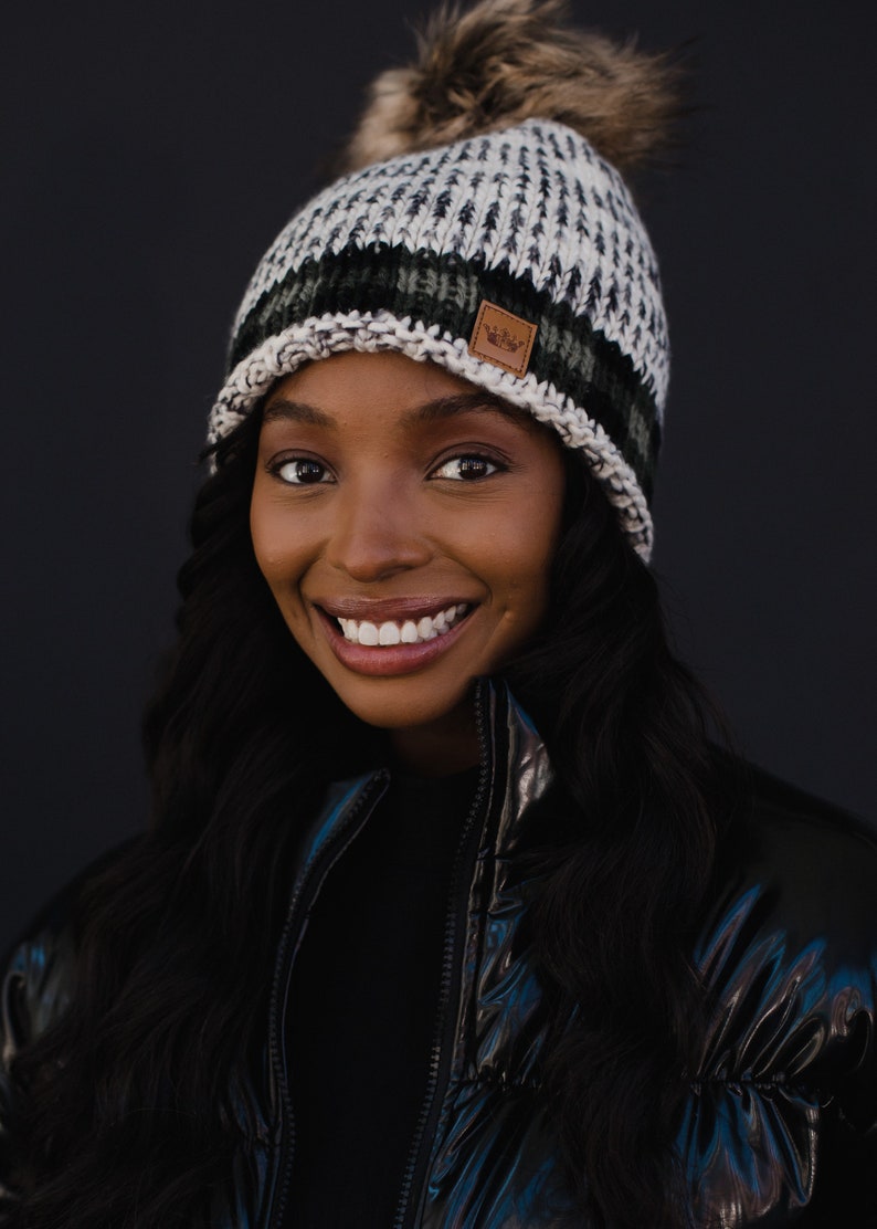 Cozy Fleece Lined Beanie with Faux Fur Pom and Plaid Trim