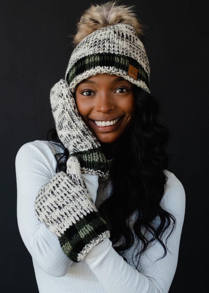 Cozy Fleece Lined Beanie with Faux Fur Pom and Plaid Trim